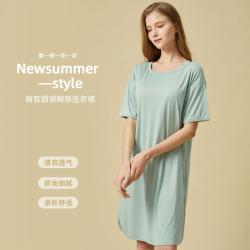 春季夏季新款家居服时尚优雅长款纯色女士椰油单面圆领短袖连衣裙